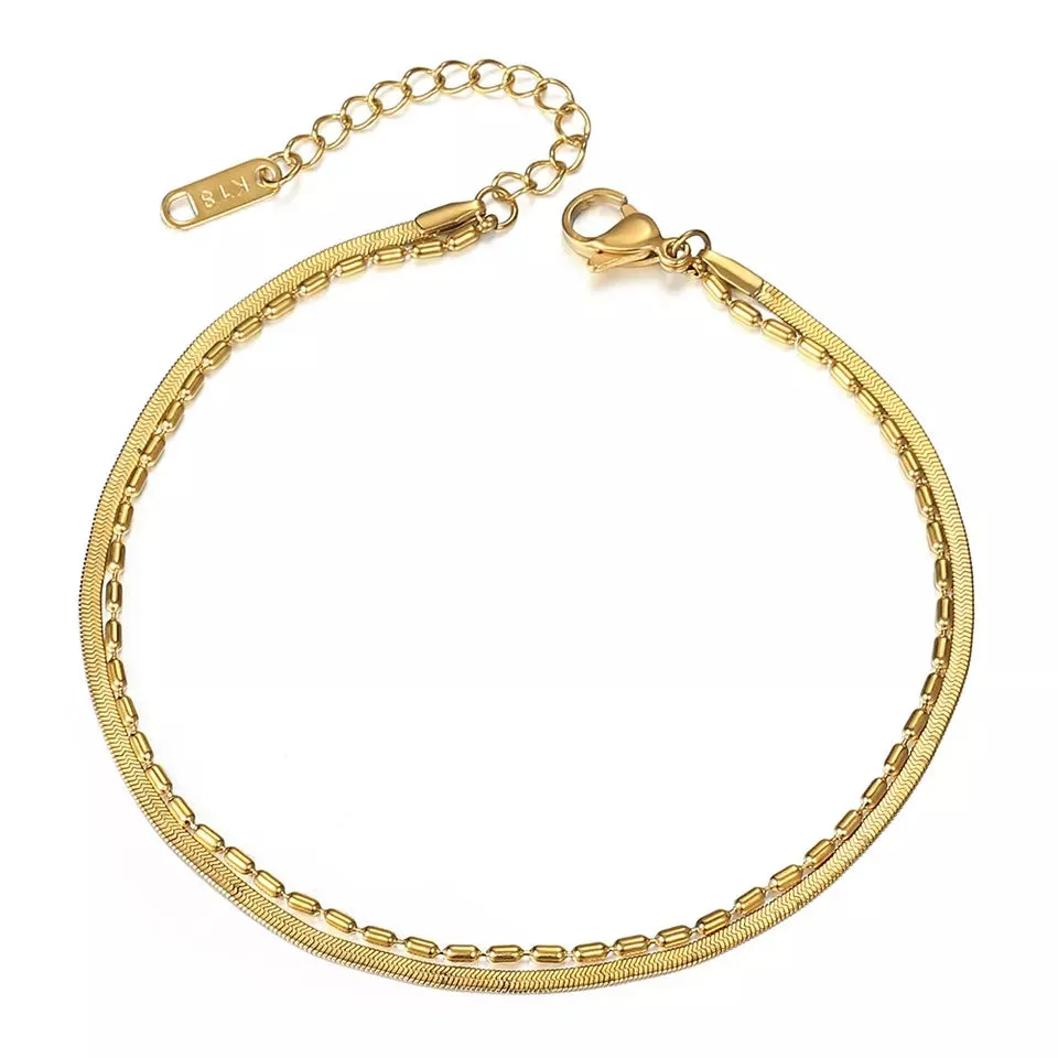 18k Gold Plated Herringbone Chain Two Layers Anklet