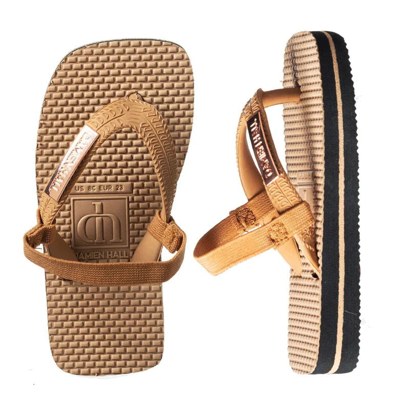 Damien Hall Flip Flops Boutique Tan Rose Gold Badge w Straps