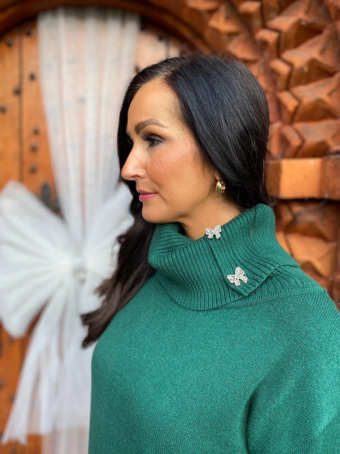 Forest Green Bow Cowl Neck Knit Britney