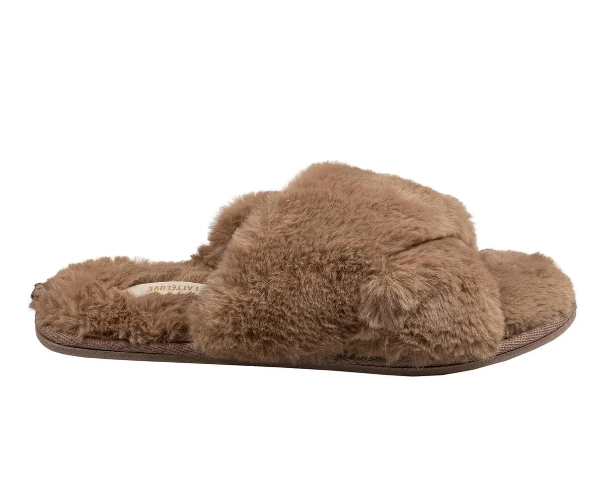 LATTELOVE Faux Fur Cross Slide Slipper in Mocha- LW02AC1012MOLG