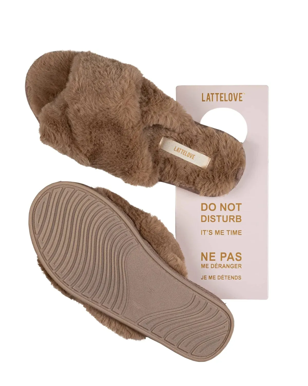 LATTELOVE Faux Fur Cross Slide Slipper in Mocha- LW02AC1012MOLG