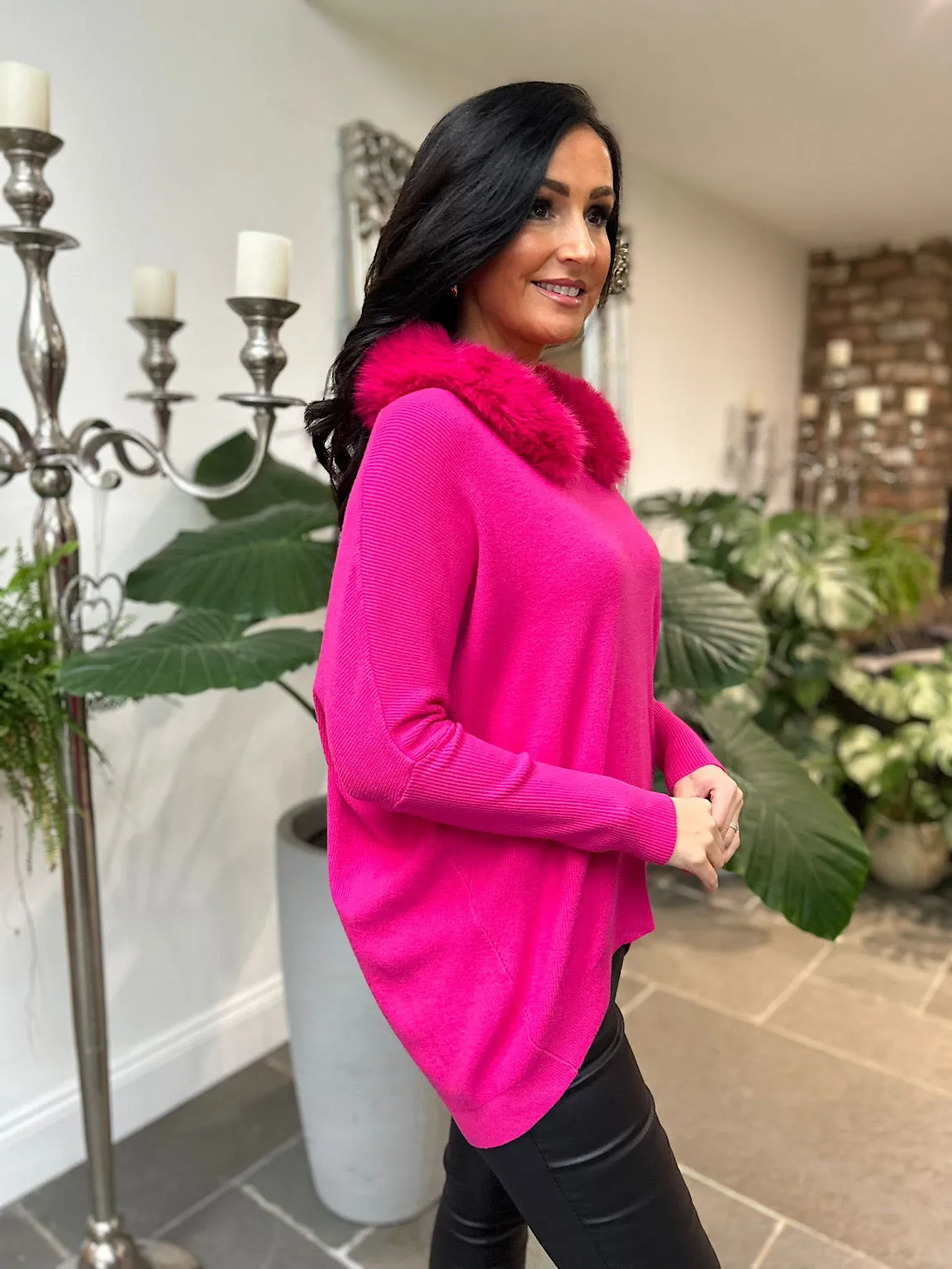 Lipstick Pink Faux Fur Collar Jumper Mya