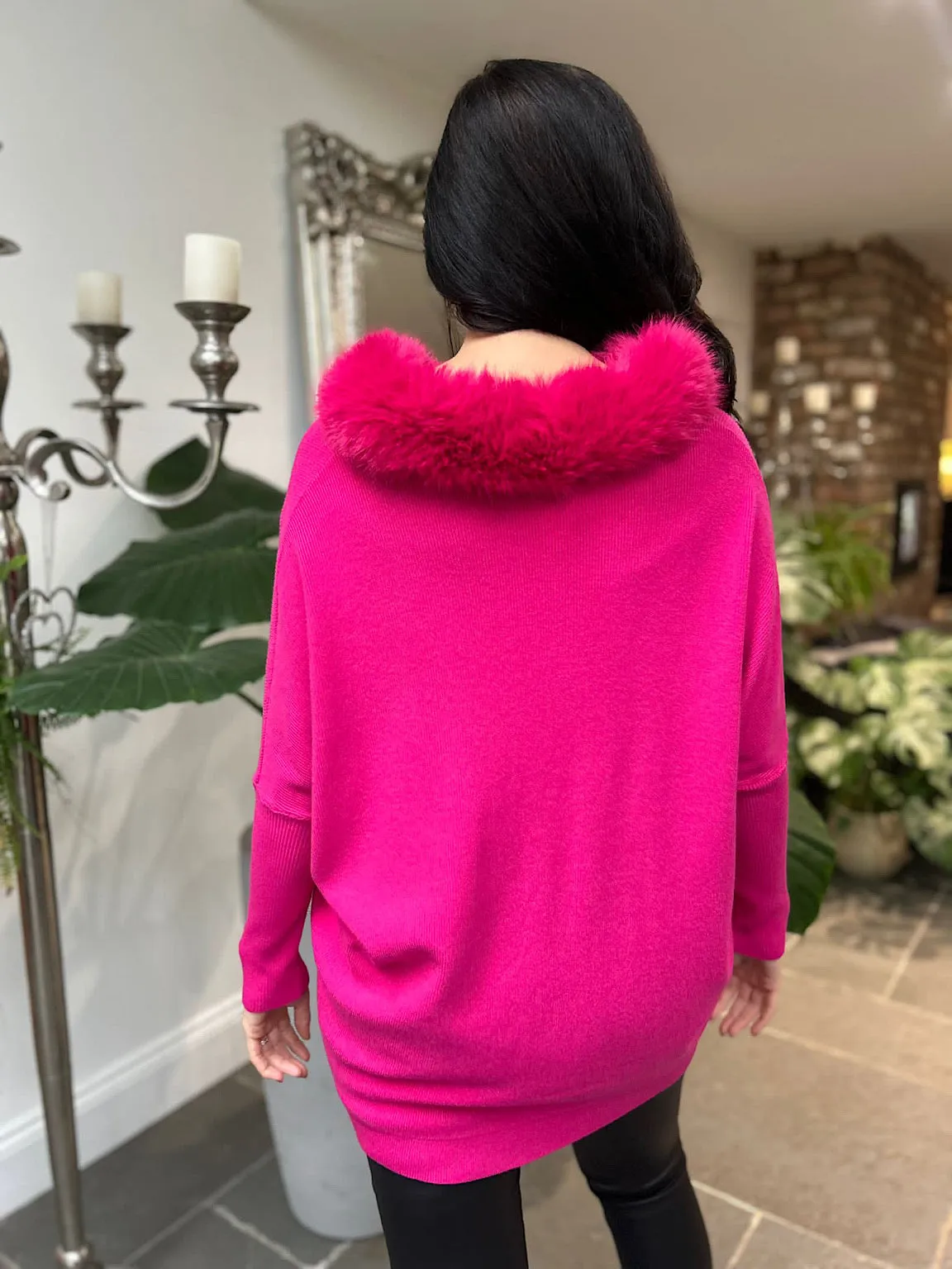 Lipstick Pink Faux Fur Collar Jumper Mya