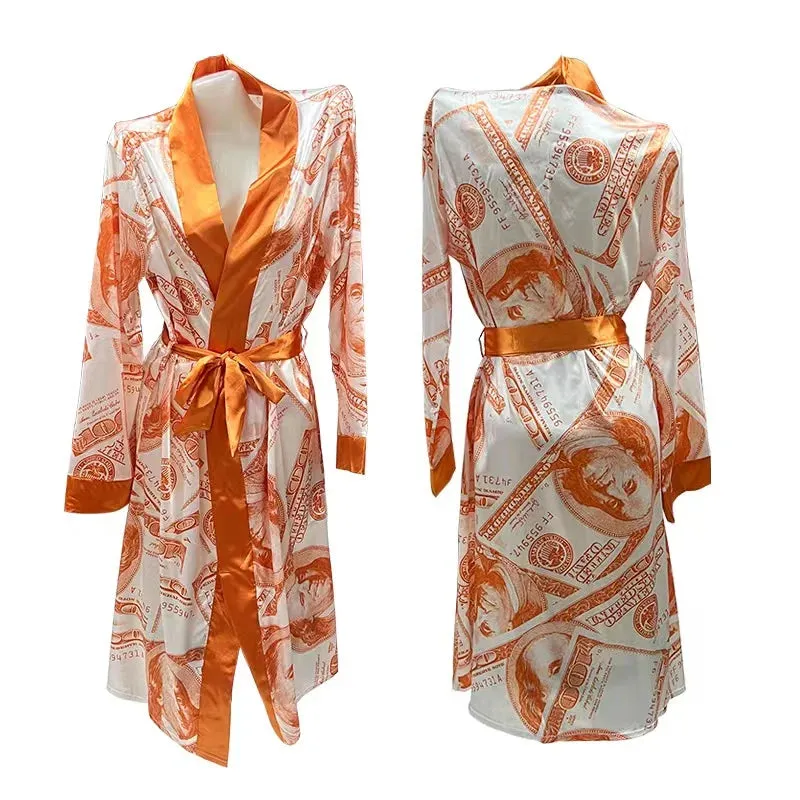 Luxury Silk Long Money Print Inspirational Robes