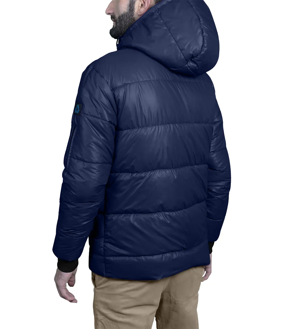 Men's Blue Puffer Jacket with Hood - Down Insulation