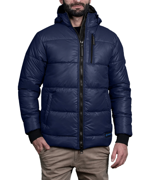 Men's Blue Puffer Jacket with Hood - Down Insulation