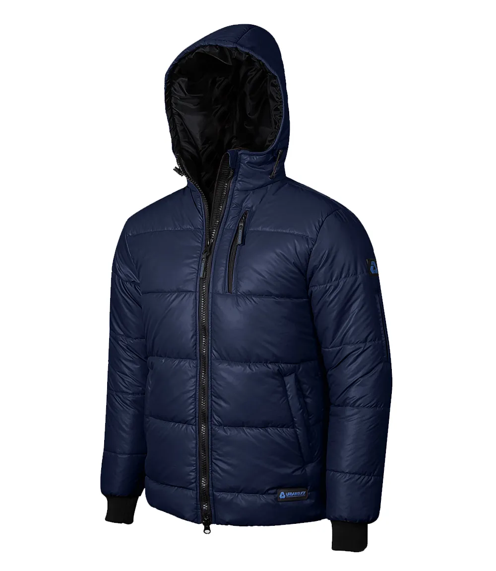 Men's Blue Puffer Jacket with Hood - Down Insulation