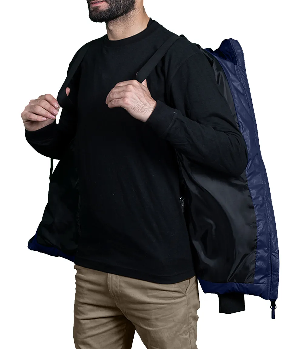 Men's Blue Puffer Jacket with Hood - Down Insulation