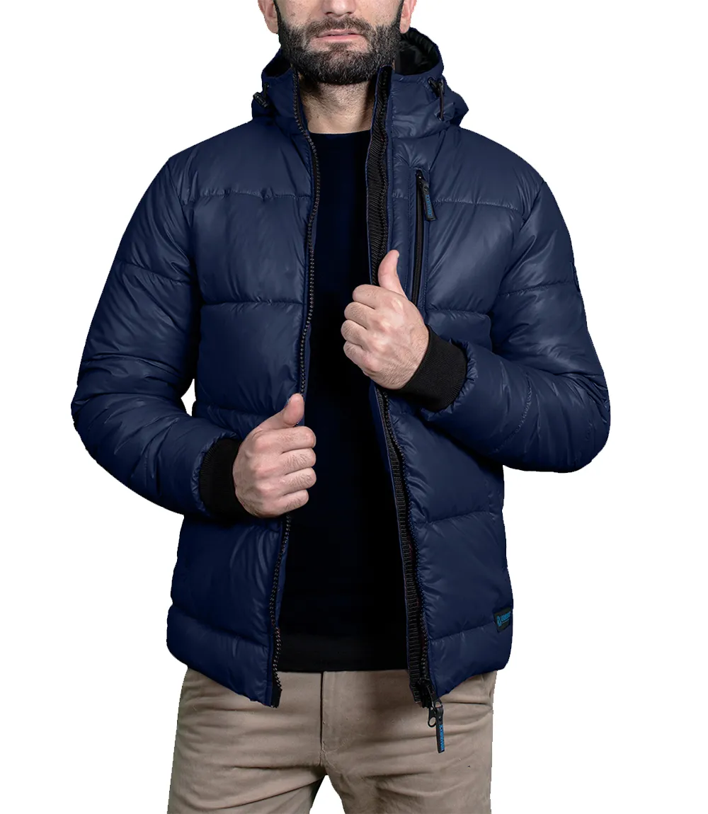 Men's Blue Puffer Jacket with Hood - Down Insulation