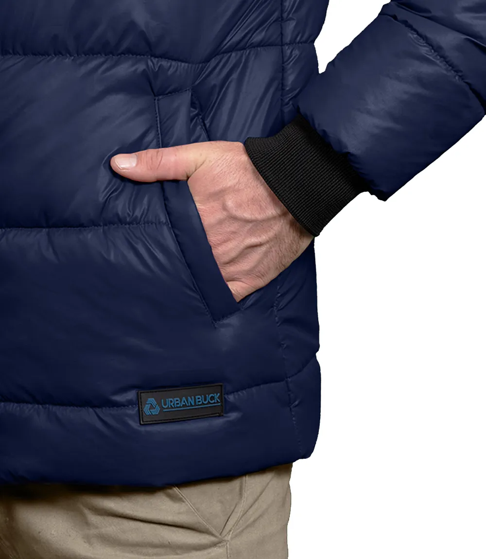 Men's Blue Puffer Jacket with Hood - Down Insulation