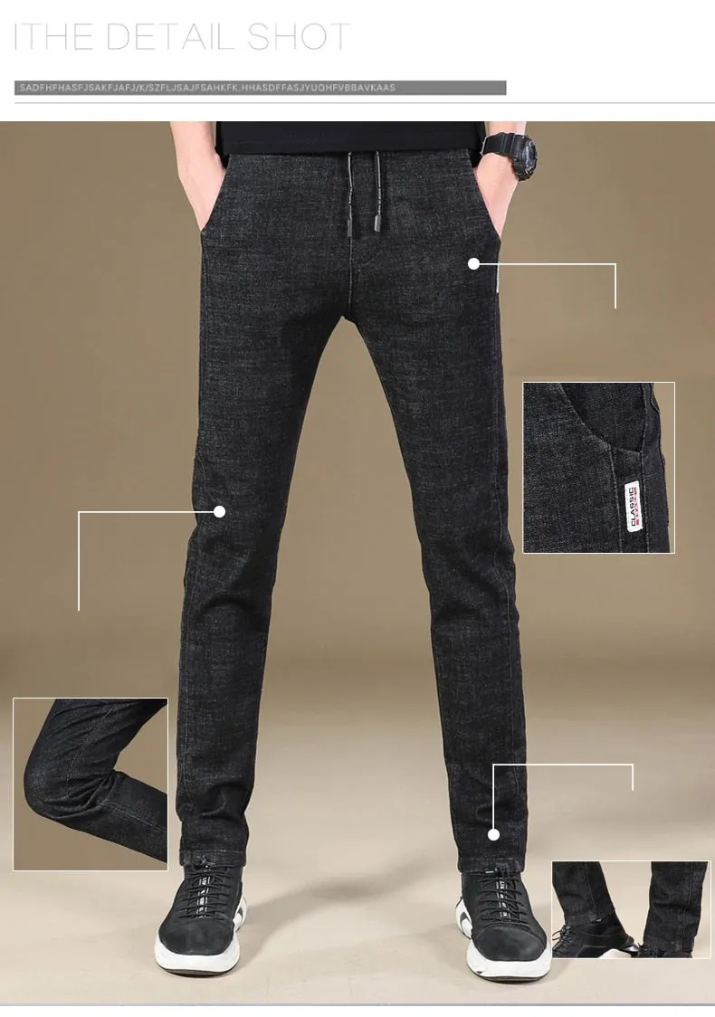 Men's Casual Denim Winter Warm Elastic Skinny Straight Leg Trousers