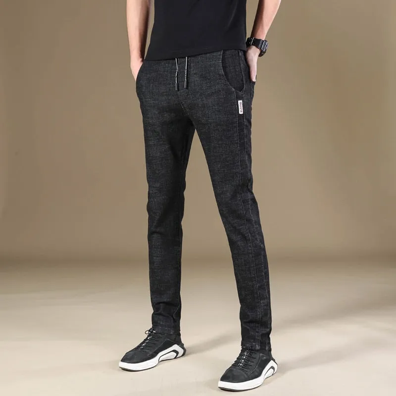 Men's Casual Denim Winter Warm Elastic Skinny Straight Leg Trousers