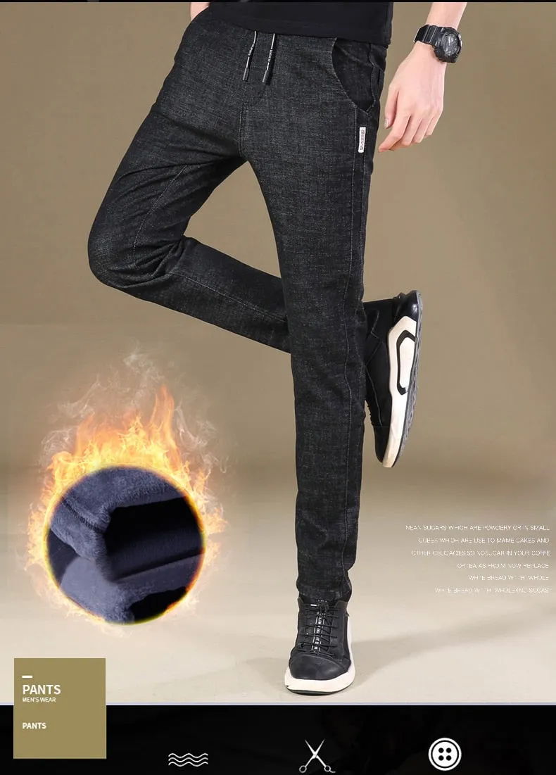 Men's Casual Denim Winter Warm Elastic Skinny Straight Leg Trousers