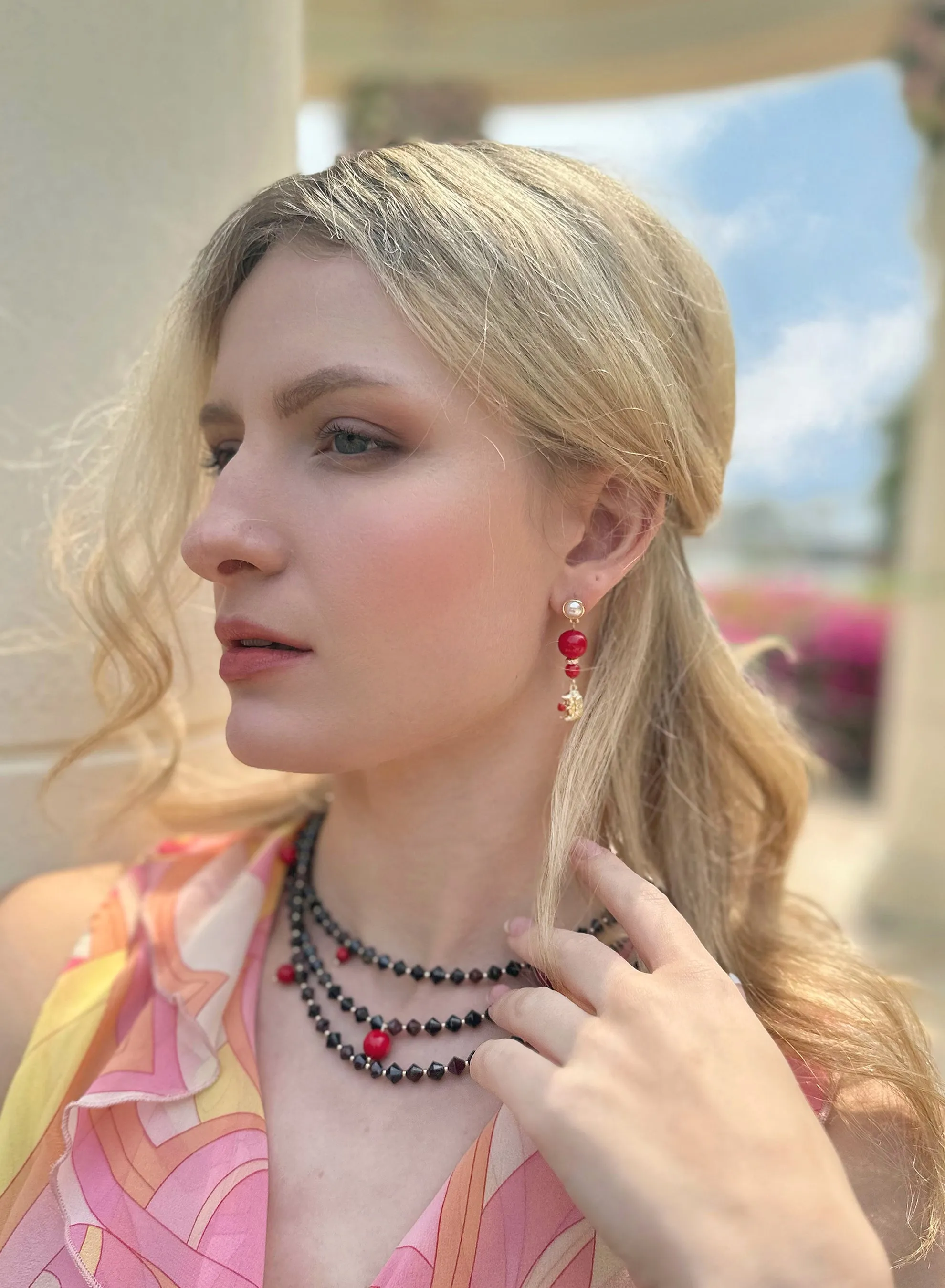 Multi-layers Garnet with Red Coral Statement Necklace JN007