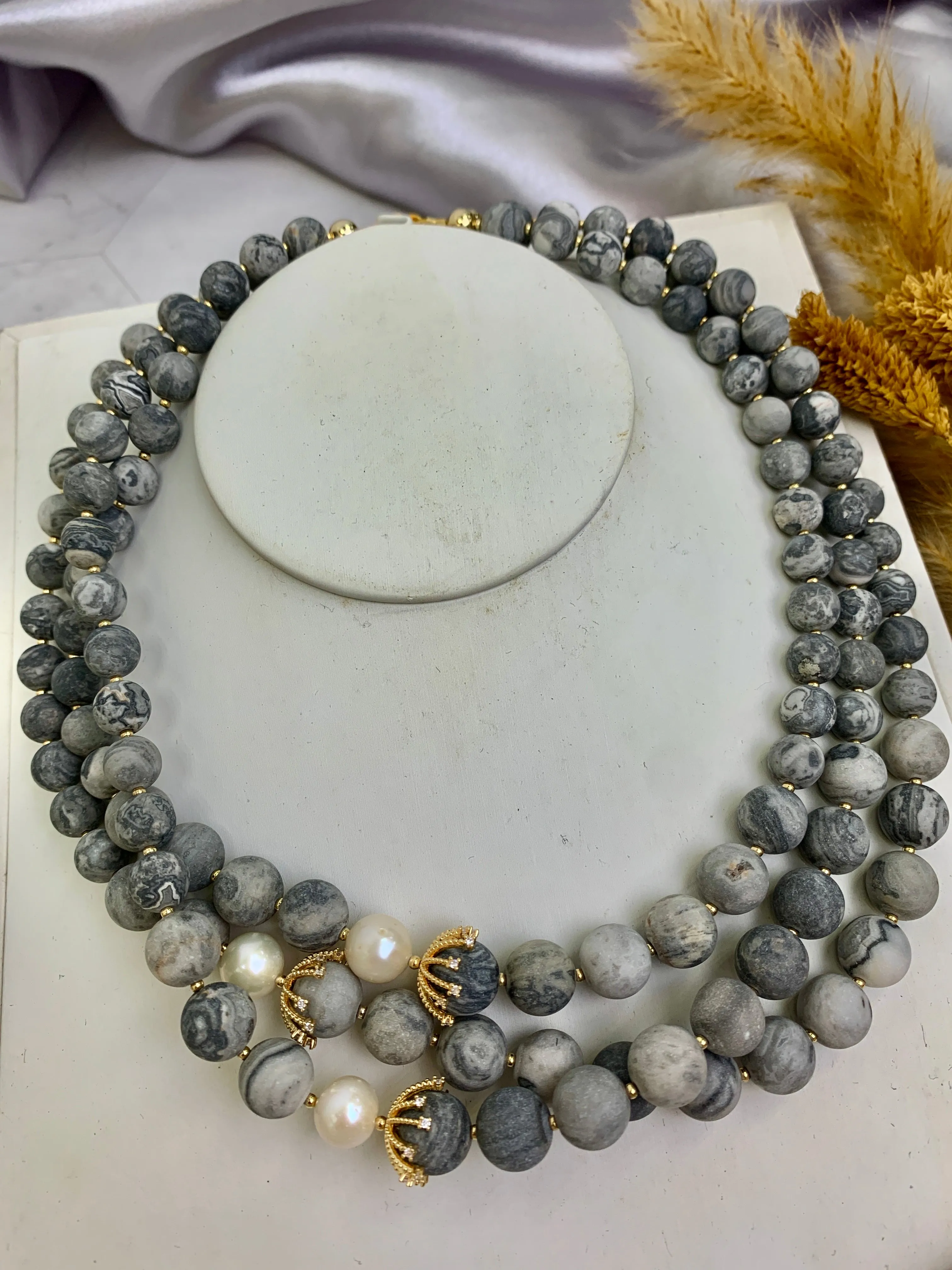 Picasso Jasper With White Pearls Multi-layers Necklace HN023