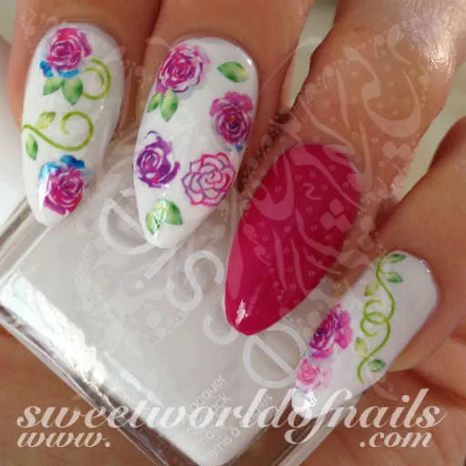 Purple Pink Flowers Leaves Nail Art Water Decals Transfers Wraps