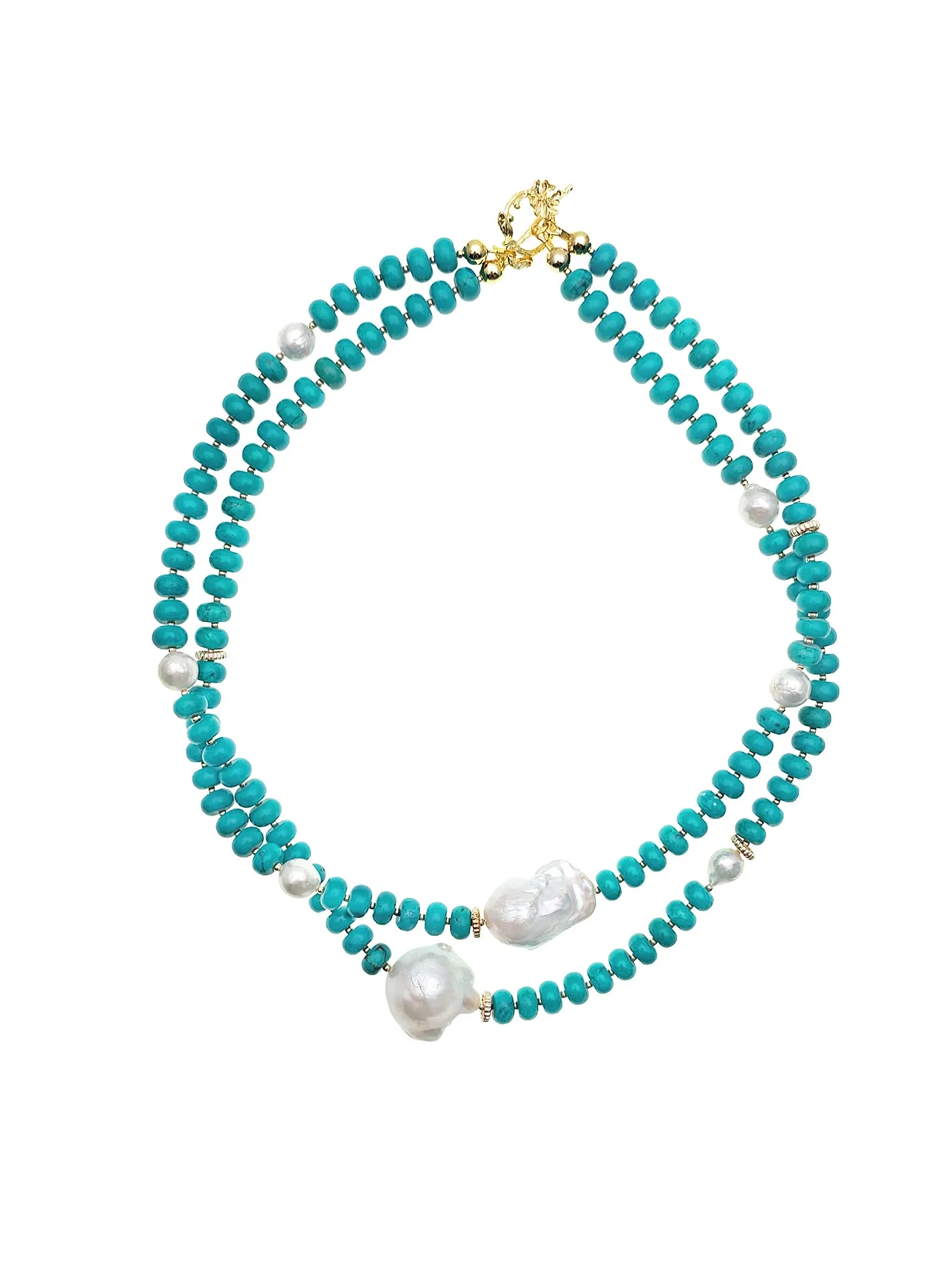 Turquoise With Baroque Pearls Double Layers Short Necklace EN013