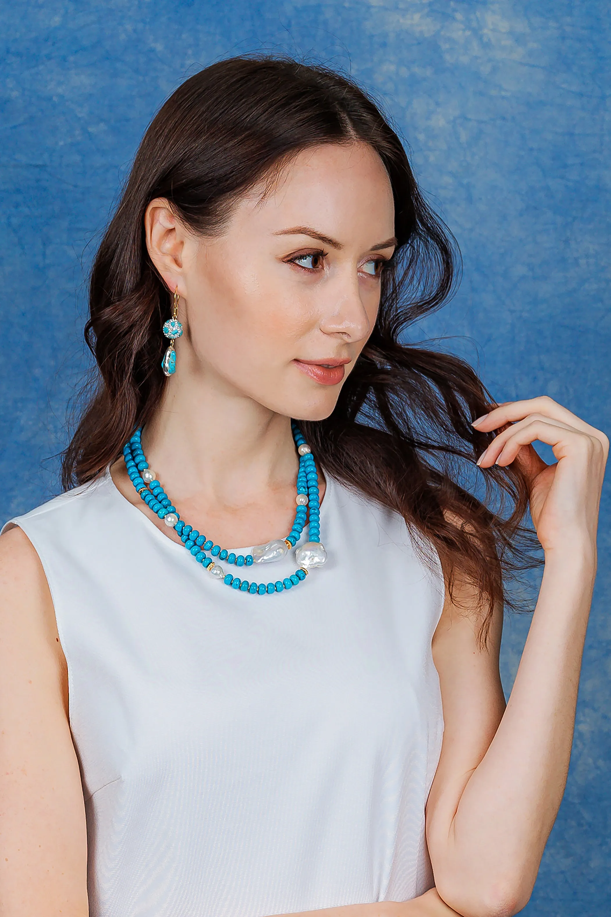 Turquoise With Baroque Pearls Double Layers Short Necklace EN013