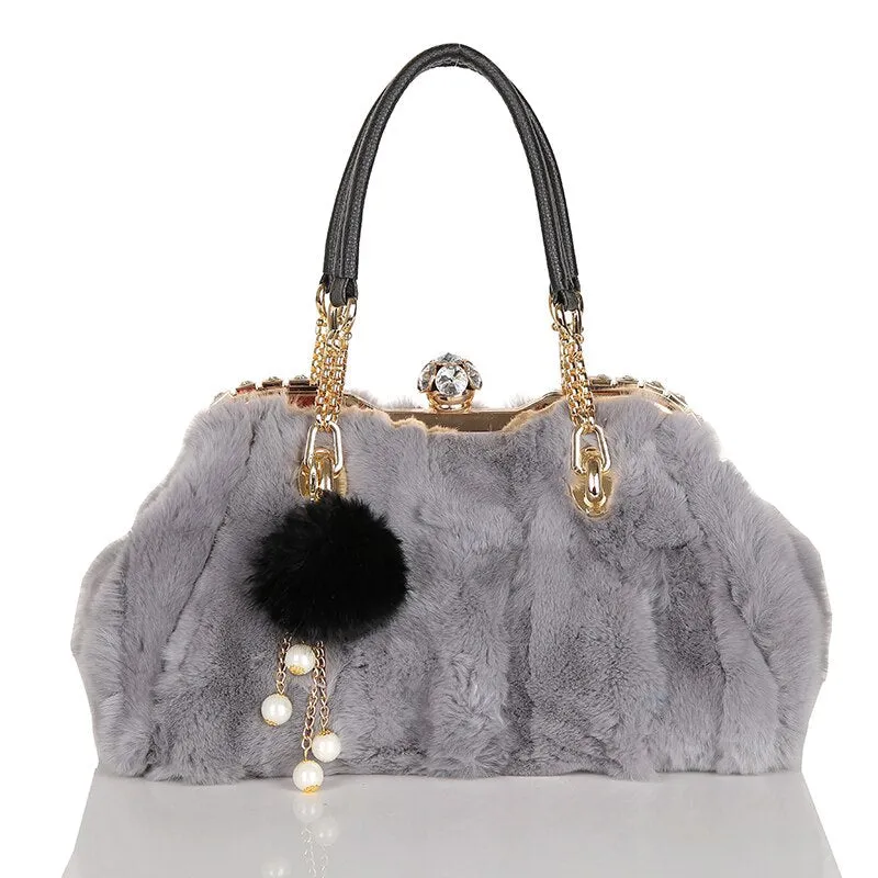 Women's Winter Real Rabbit Fur Leisure Shoulder Messenger Handbag