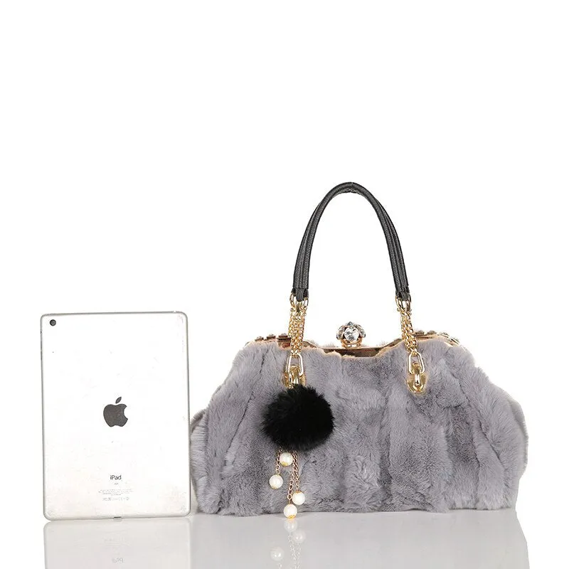 Women's Winter Real Rabbit Fur Leisure Shoulder Messenger Handbag